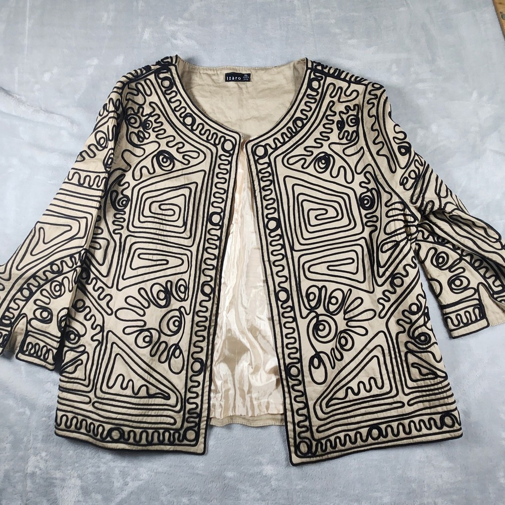 Izaro Women's XL Beige‎ Embroidered Jacket Open Front Boho Tribal Statement